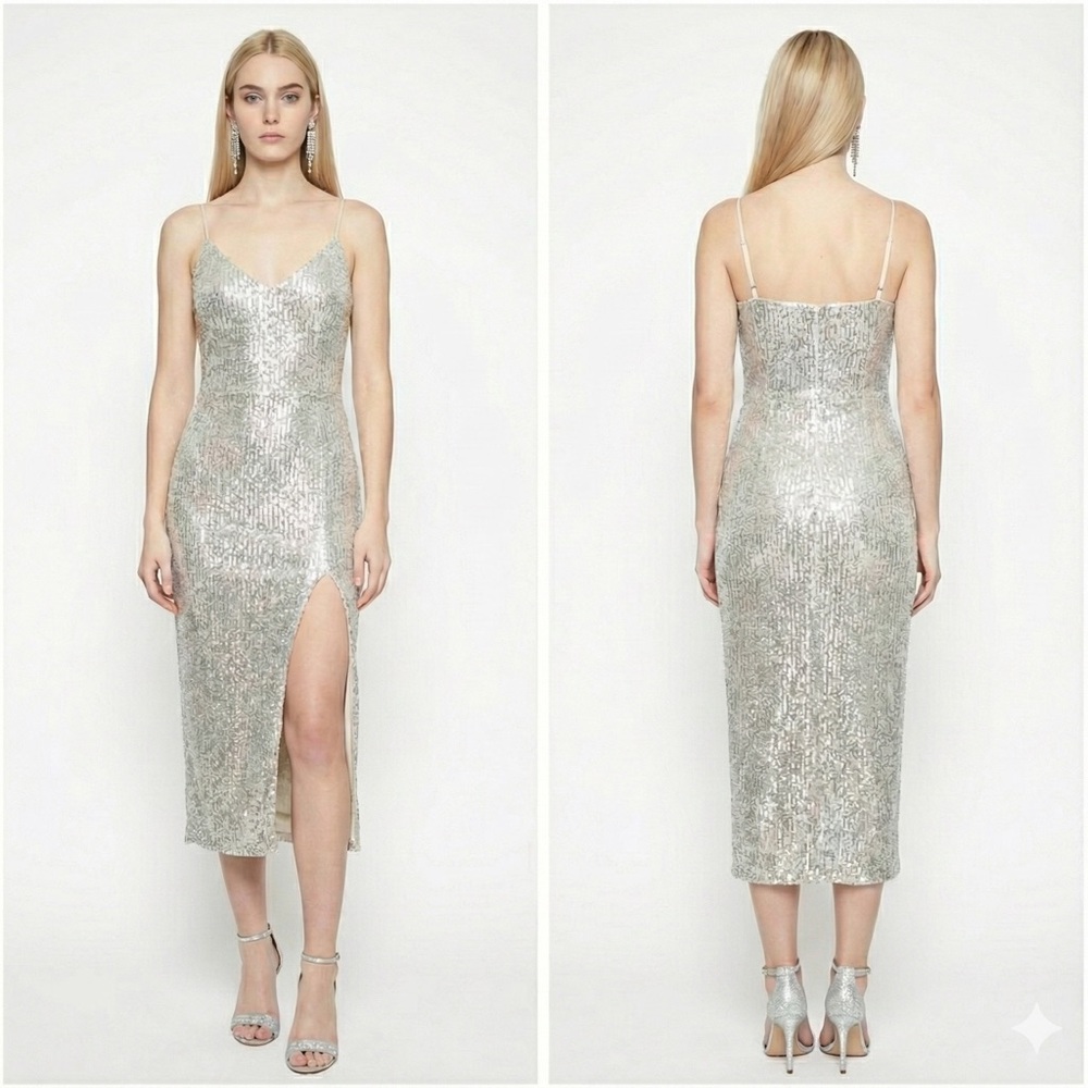 Misguided Silver Sequin Midi Dress NWOT
